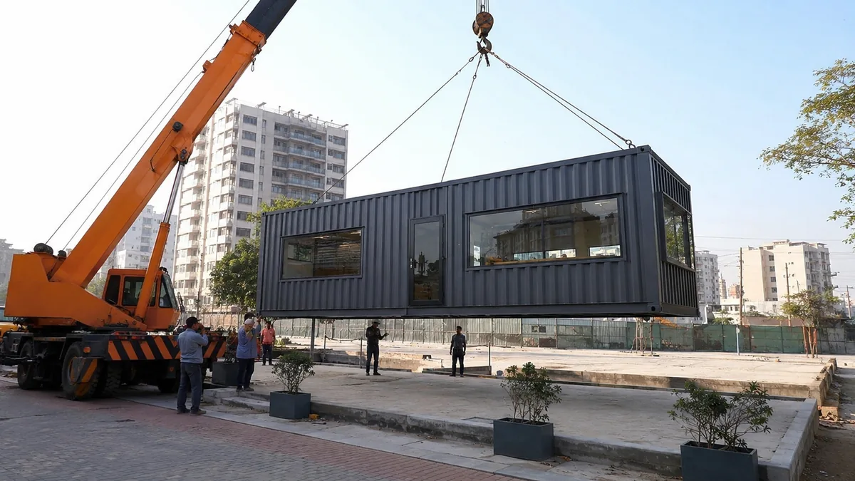 A new container cafe unit being craned onto a prepared commercial site in West Delhi during installation