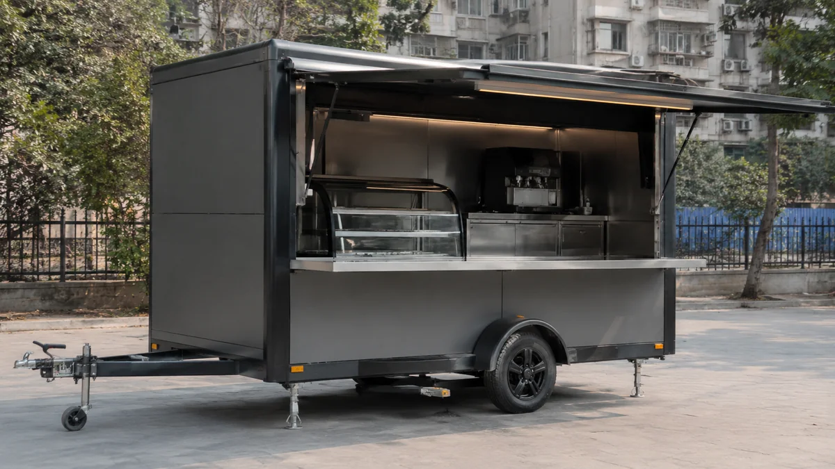 A clean factory-fresh towable food-truck-style container cafe kiosk with a fold-up serving hatch on a paved plot
