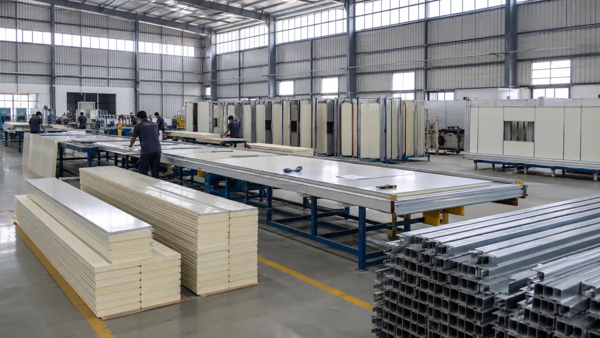 Indian factory floor producing modular office panels and steel frames on a clean production line