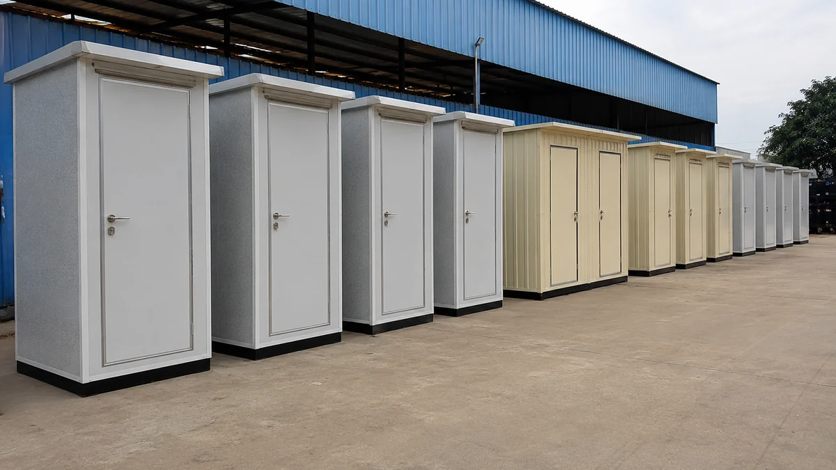 Row of new FRP and mild-steel portable toilet cabins ready for dispatch