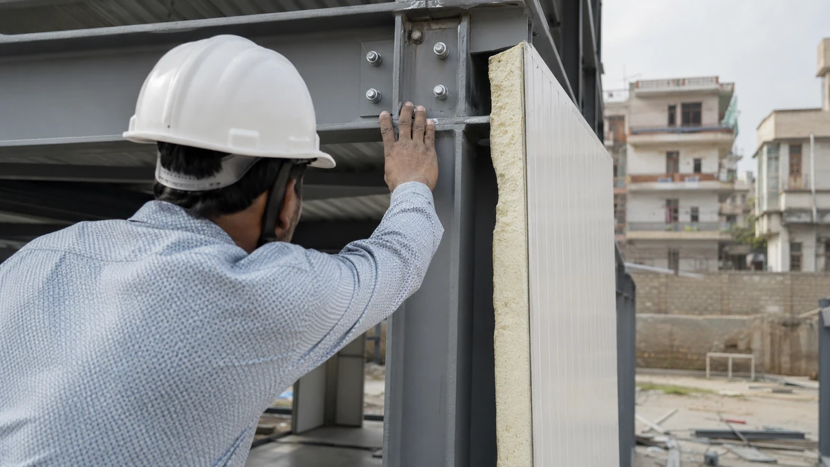 Worker inspecting an IS 2062 steel frame bolt connection beside an insulated wall panel on a modular office