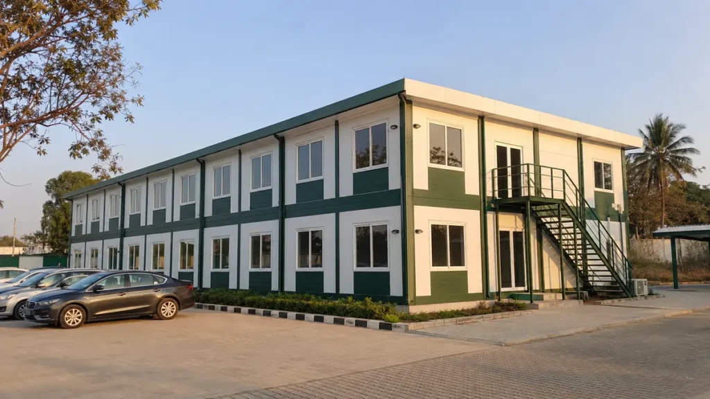 New multi-room modular office building on an Indian commercial site, two storeys with insulated panel walls