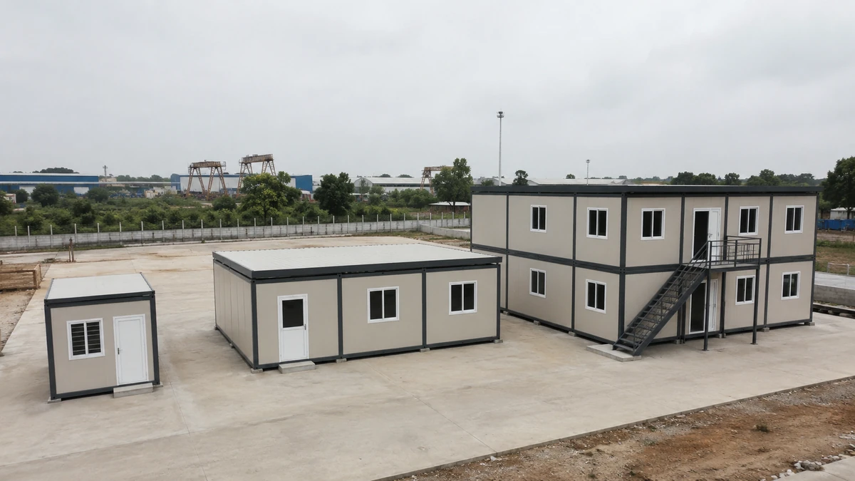 Three modular office buildings of different sizes side by side showing 1,000 to 10,000 sq ft scale in India