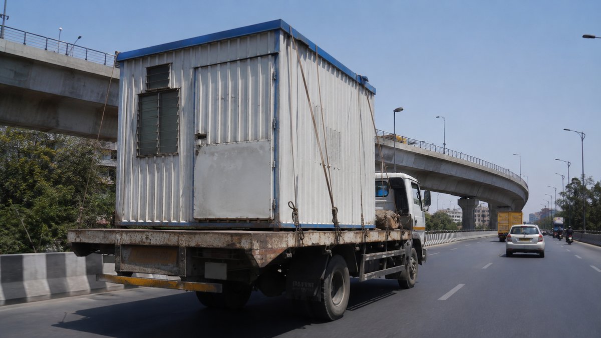 Porta cabin loaded on a flatbed truck for cross-city delivery to a Hennur site