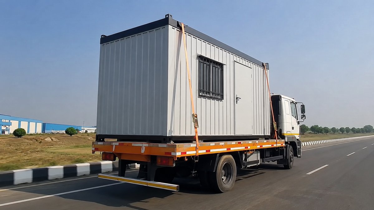 New porta cabin secured on a flatbed truck for delivery to a Hoskote industrial site