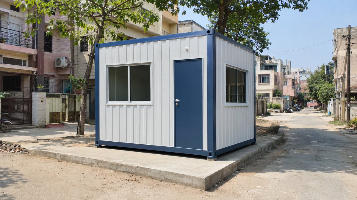 New porta cabin loaded on a flatbed truck for cross-city delivery toward RT Nagar