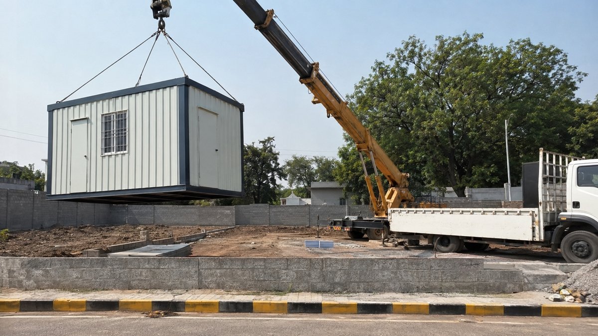 New porta cabin being craned into place on a Sarjapur Road construction site