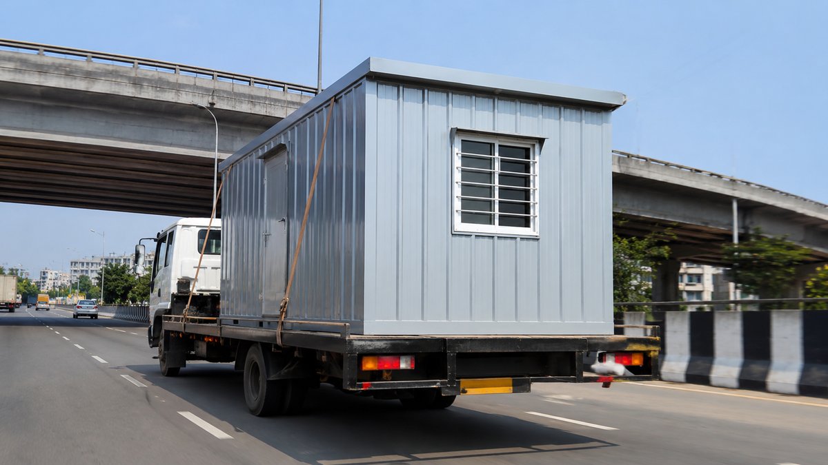 New porta cabin secured on a flatbed truck for cross-city delivery toward Ulsoor