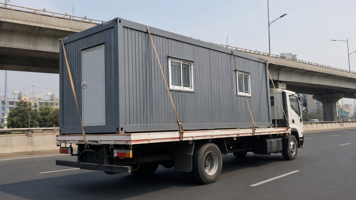 New porta cabin secured on a flatbed truck for cross-city delivery toward Vijayanagar