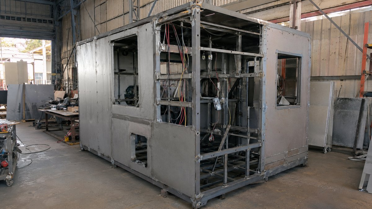 Mild-steel MS frame of a porta cabin being factory-fitted at the Gopasandra plant