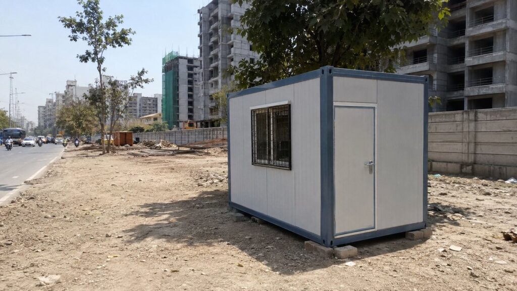 Steel porta cabin site office on a Hennur apartment-build plot near Hennur-Bagalur Road