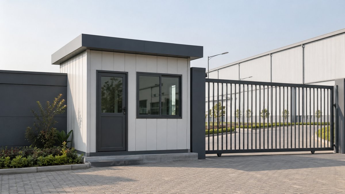 New compact steel gatehouse porta cabin at a Hoskote factory or logistics-yard entrance