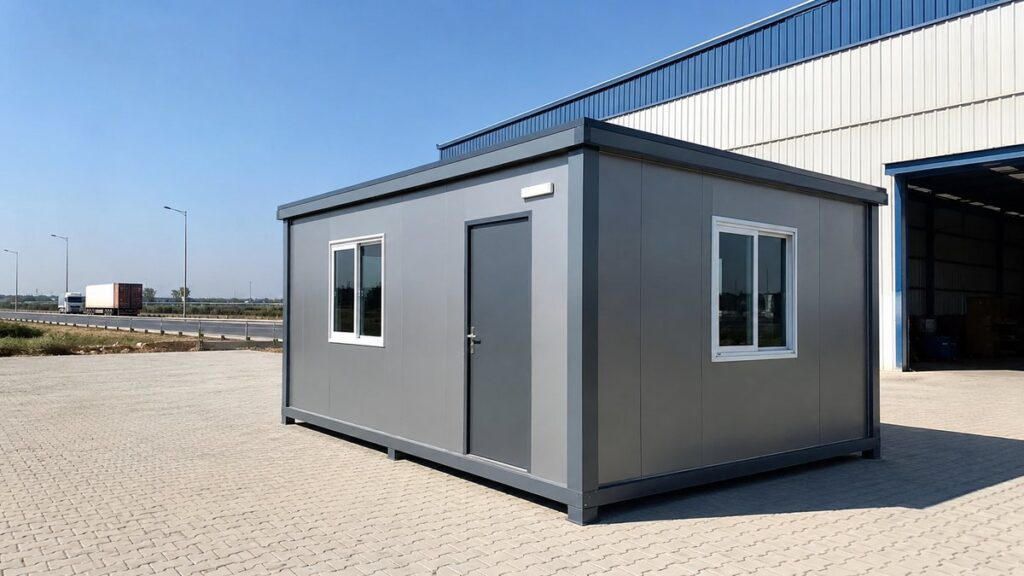 New steel porta cabin site office at a Hoskote industrial plot near a warehouse