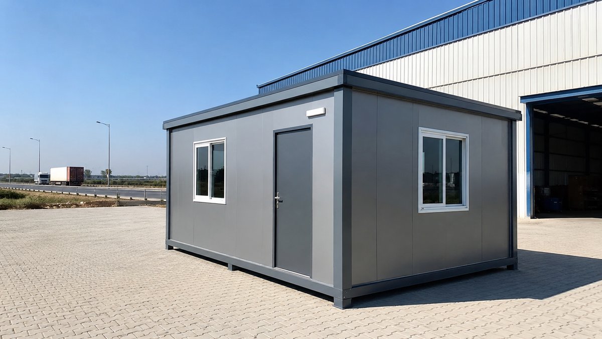 New steel porta cabin site office at a Hoskote industrial plot near a warehouse