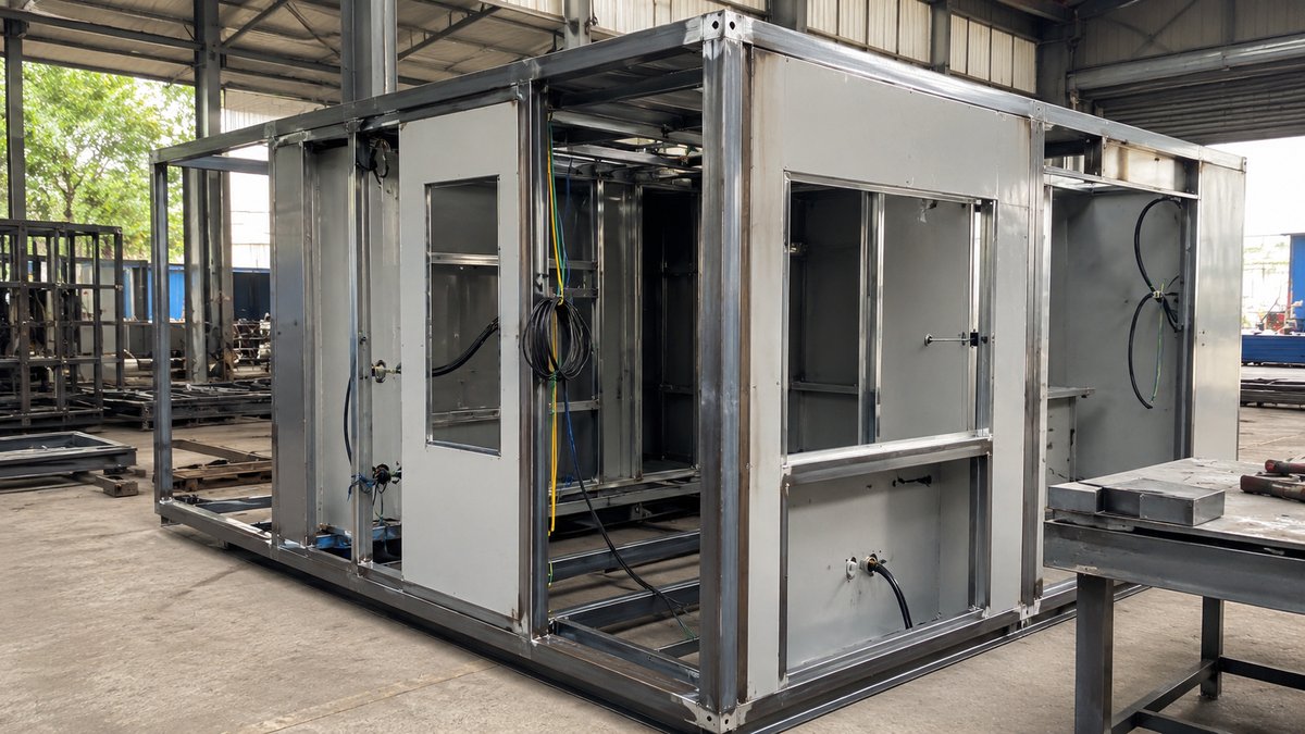 New mild-steel MS frame of a porta cabin being factory-fitted with panels