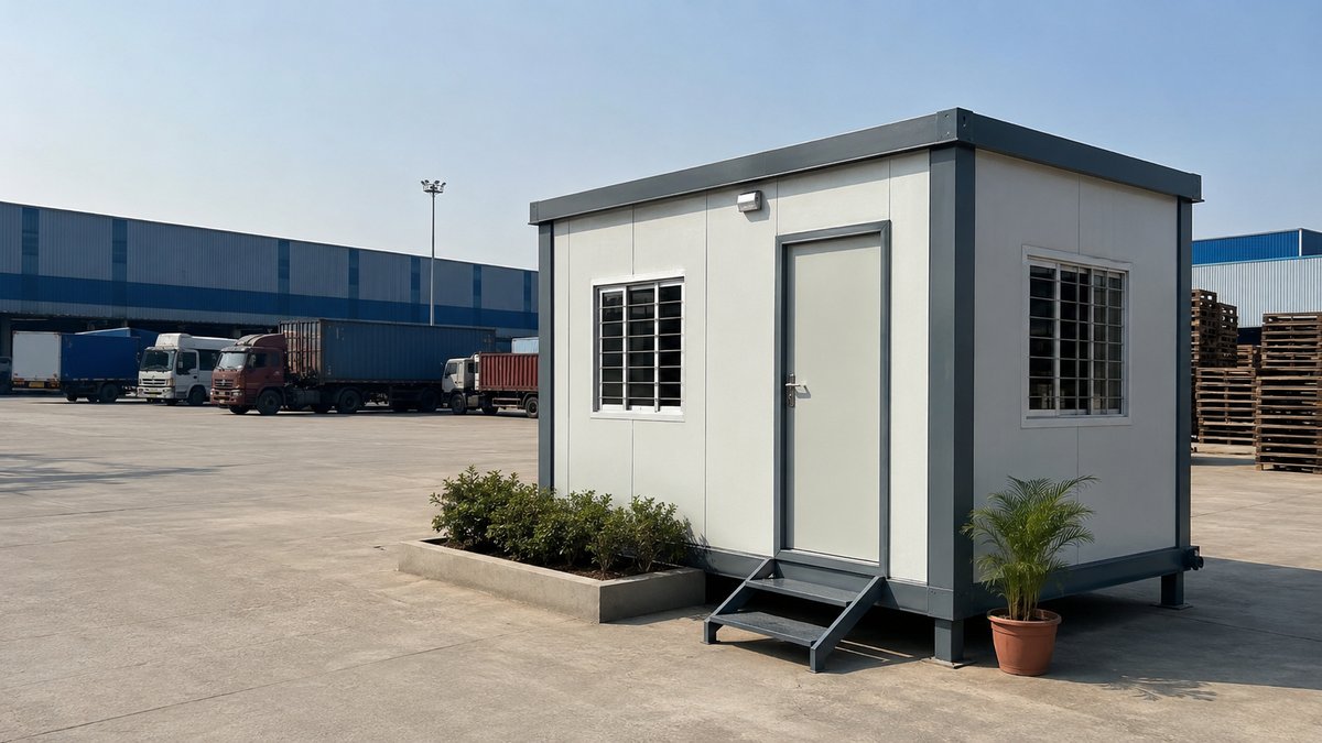 New steel porta cabin office in a warehouse logistics yard on a Hoskote industrial estate