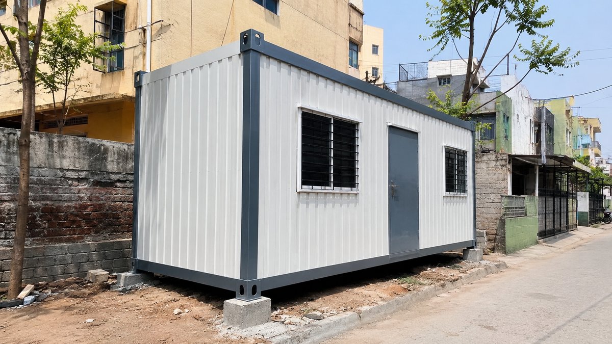New steel porta cabin site office on a compact North-Bengaluru plot in RT Nagar