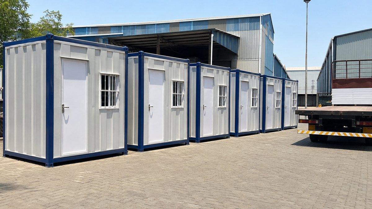 Row of new finished steel porta cabins in a clean factory yard ready for dispatch