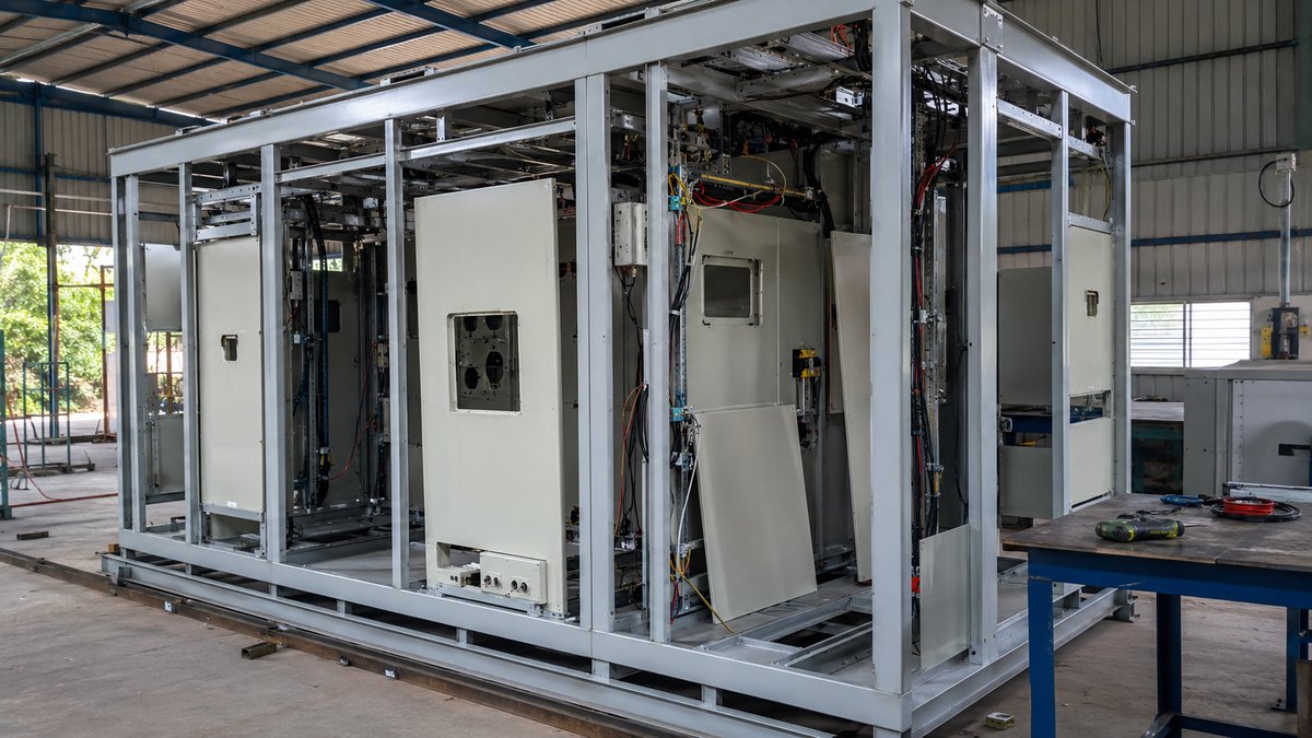 New mild-steel MS frame of a porta cabin being factory-fitted with panels