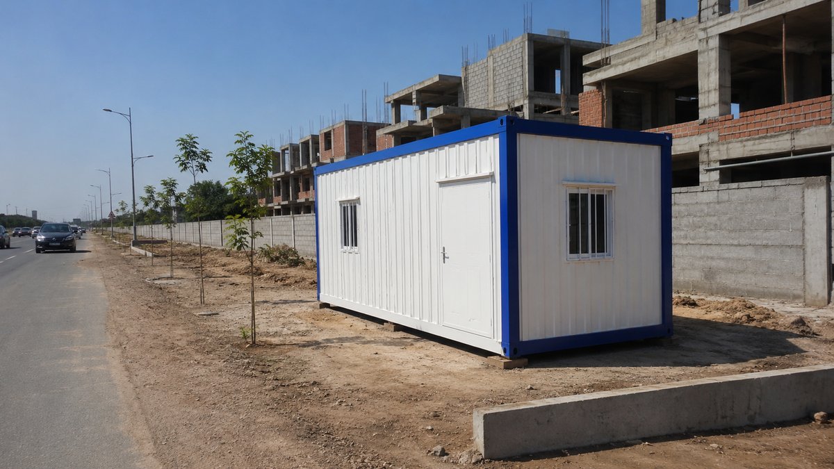 New steel porta cabin site office on a Sarjapur Road villa-construction plot