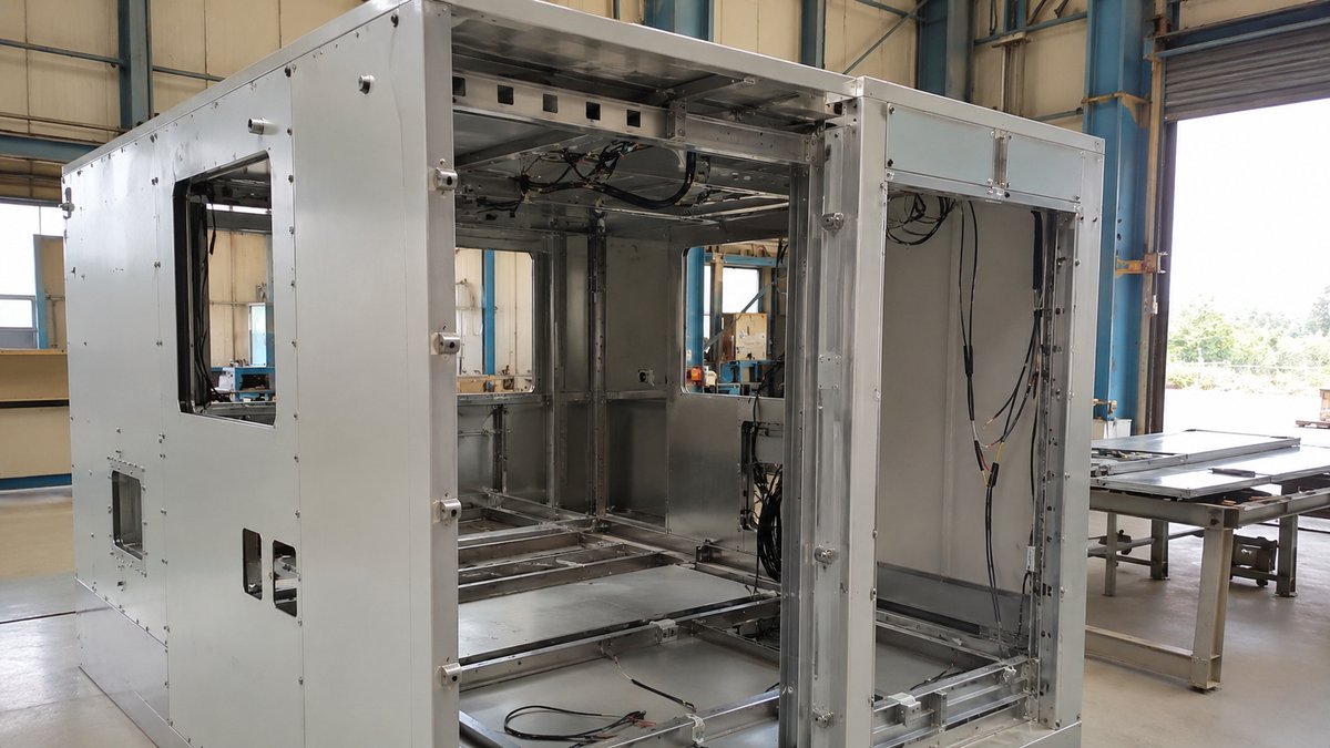 New mild-steel MS frame of a porta cabin being factory-fitted with panels