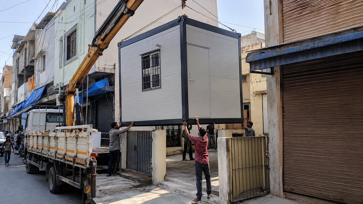 New steel porta cabin being placed on a compact residential-commercial plot in Vijayanagar