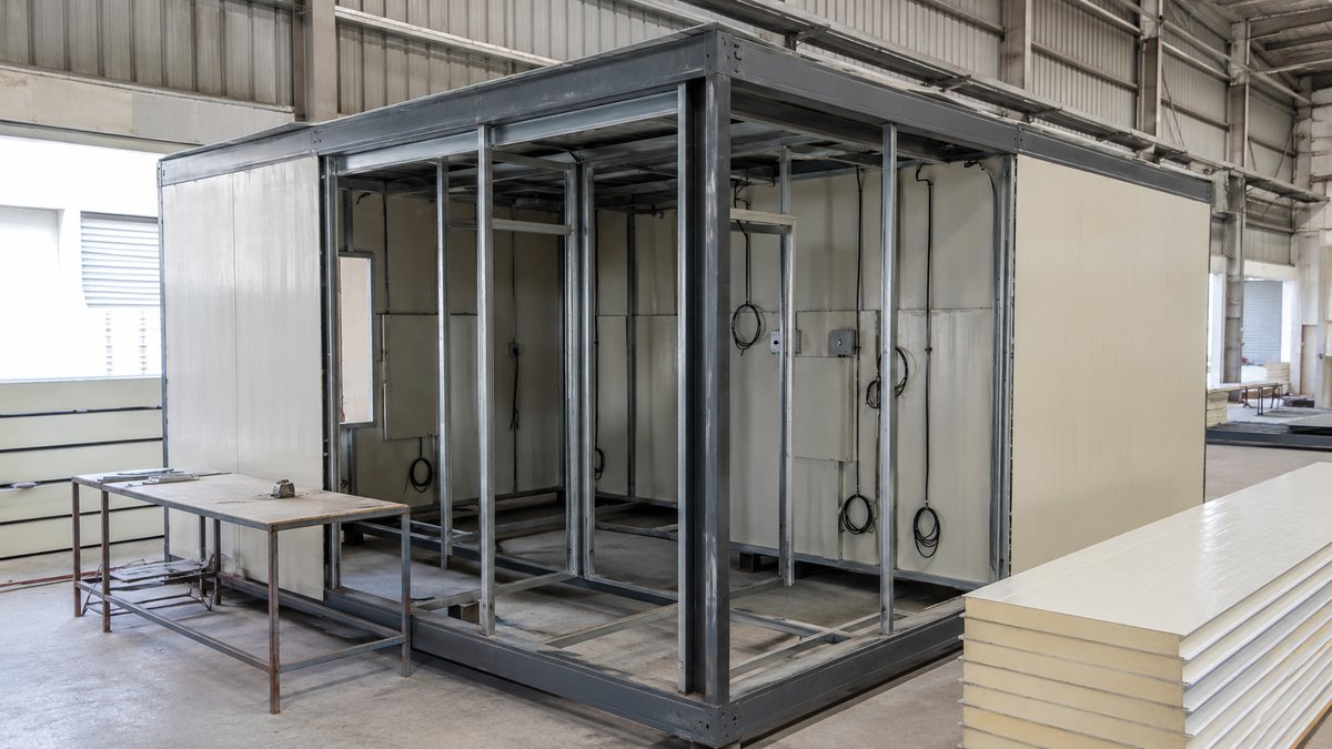 New mild-steel MS frame of a porta cabin being factory-fitted with panels