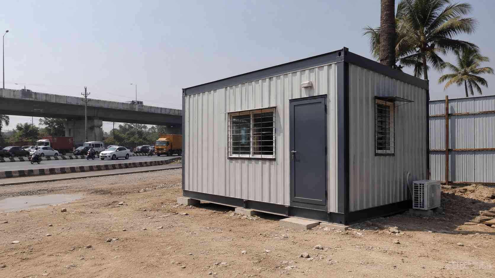 Steel porta cabin site office on a Yelahanka roadside construction plot near the Bellary Road airport corridor