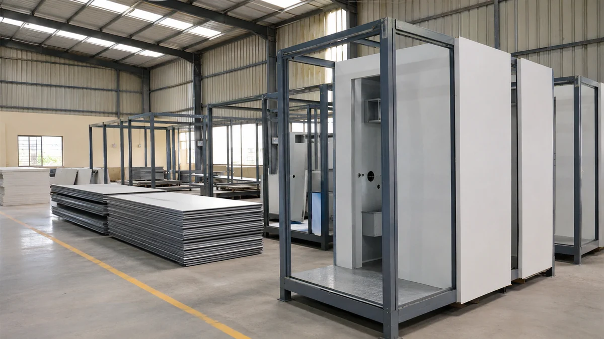 New portable toilet cabins under fabrication at a Bengaluru factory