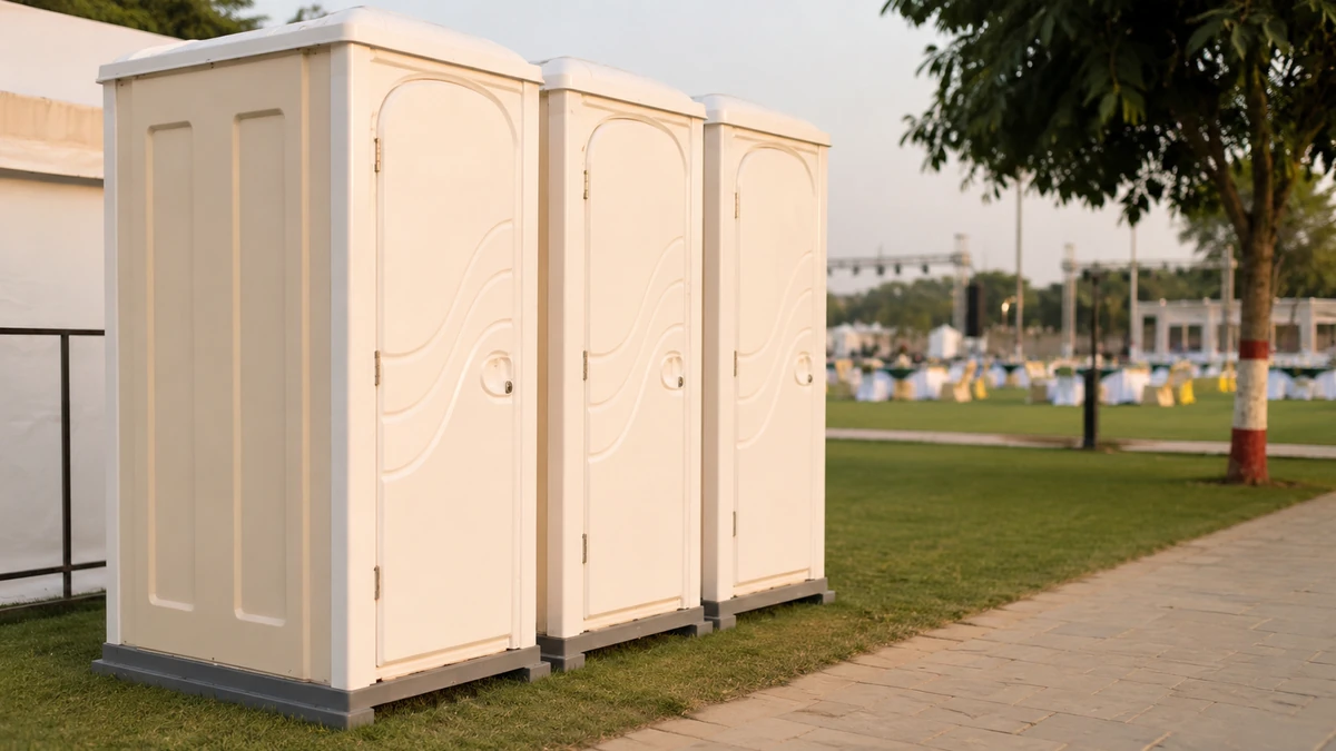 Clean new portable toilets set up at an outdoor event ground in Bangalore