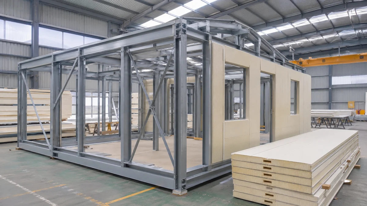 New prefab house wall panels and MS frame being factory-built at Gopasandra